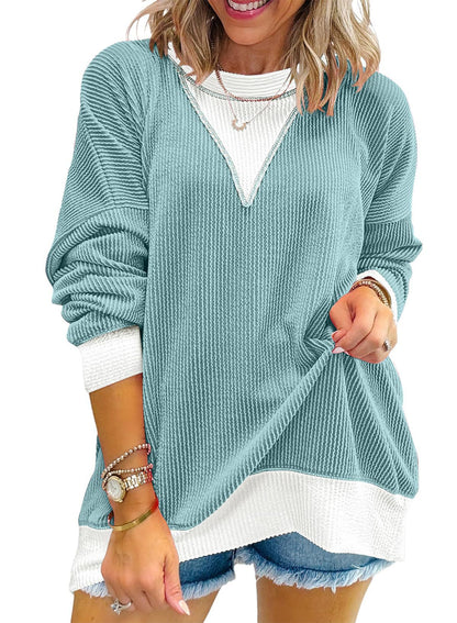 Colorblock Ribbed Sweatshirt Women Casual V Neck Pullover