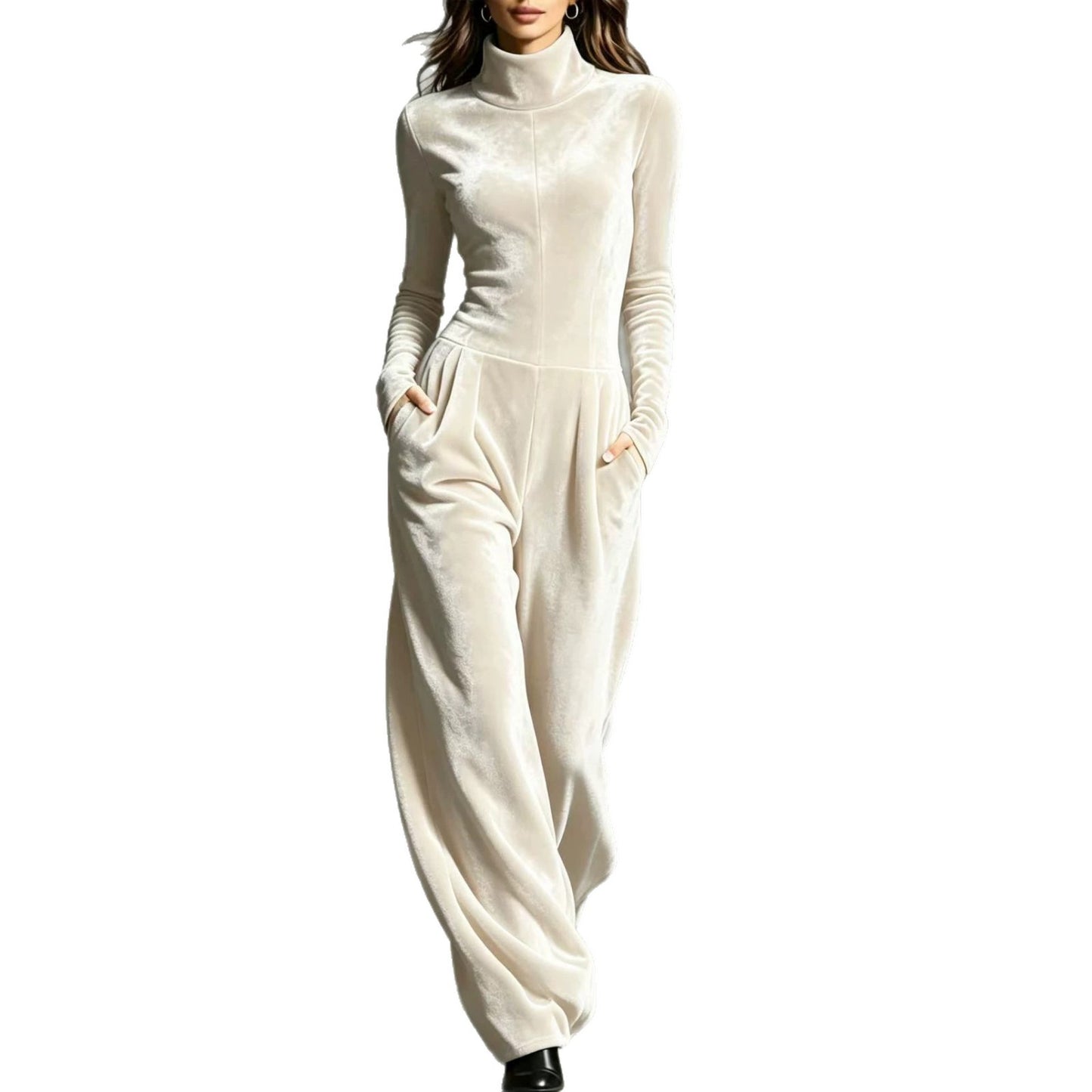Women's Velvet Turtleneck Jumpsuit Long Sleeve Wide Leg