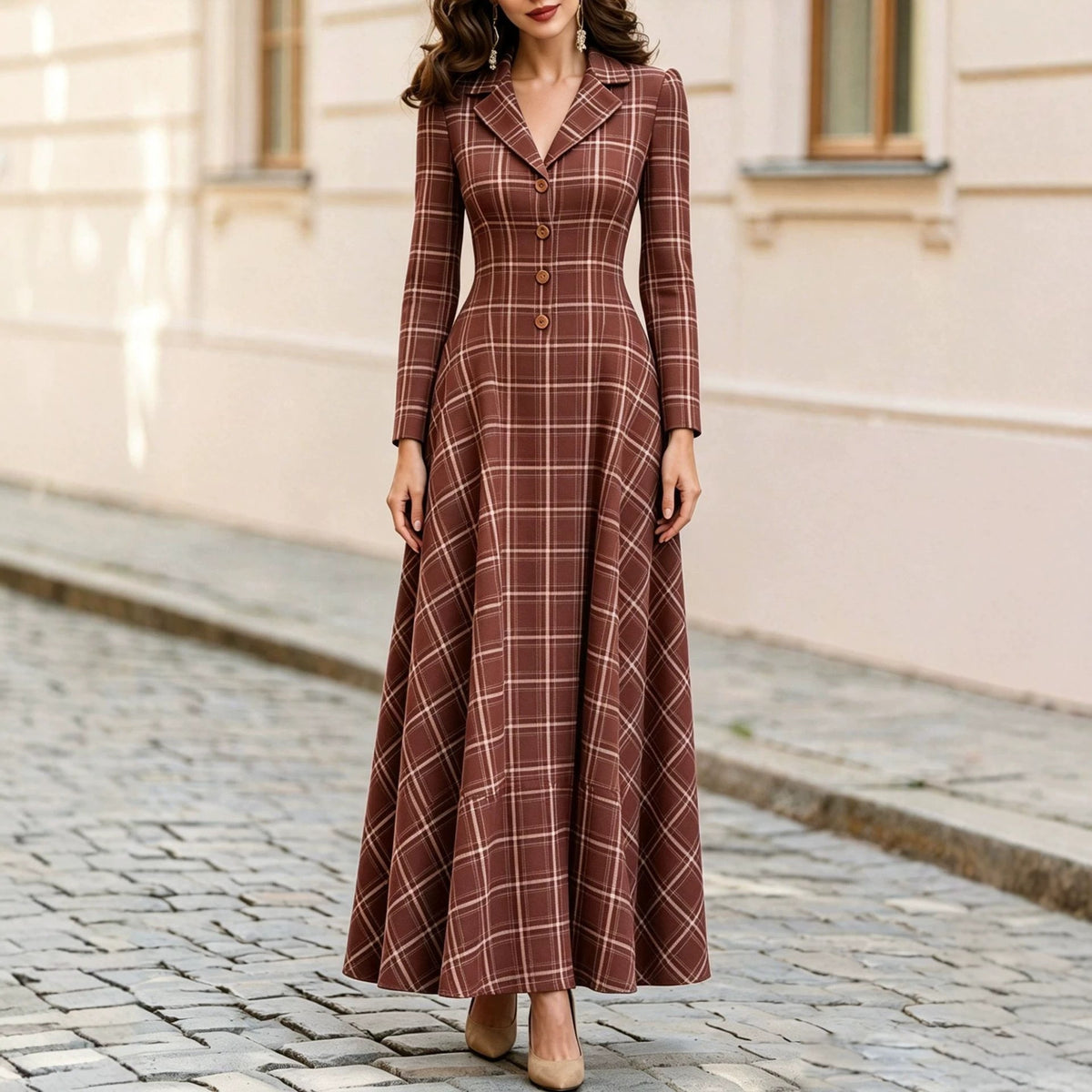 Elegant Plaid Blazer Dress Maxi Long Sleeve Button Front