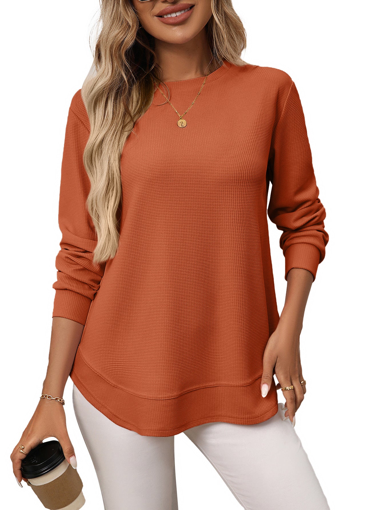Solid waffle knit tunic top layered curved hem
