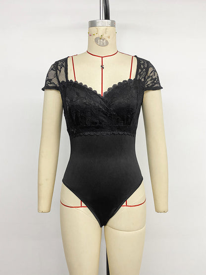 Lace V Neck Bodysuit Sexy Short Sleeve Bodycon Top