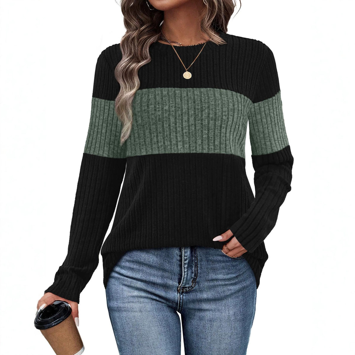 Women's Color Block Ribbed Knit Pullover Sweater
