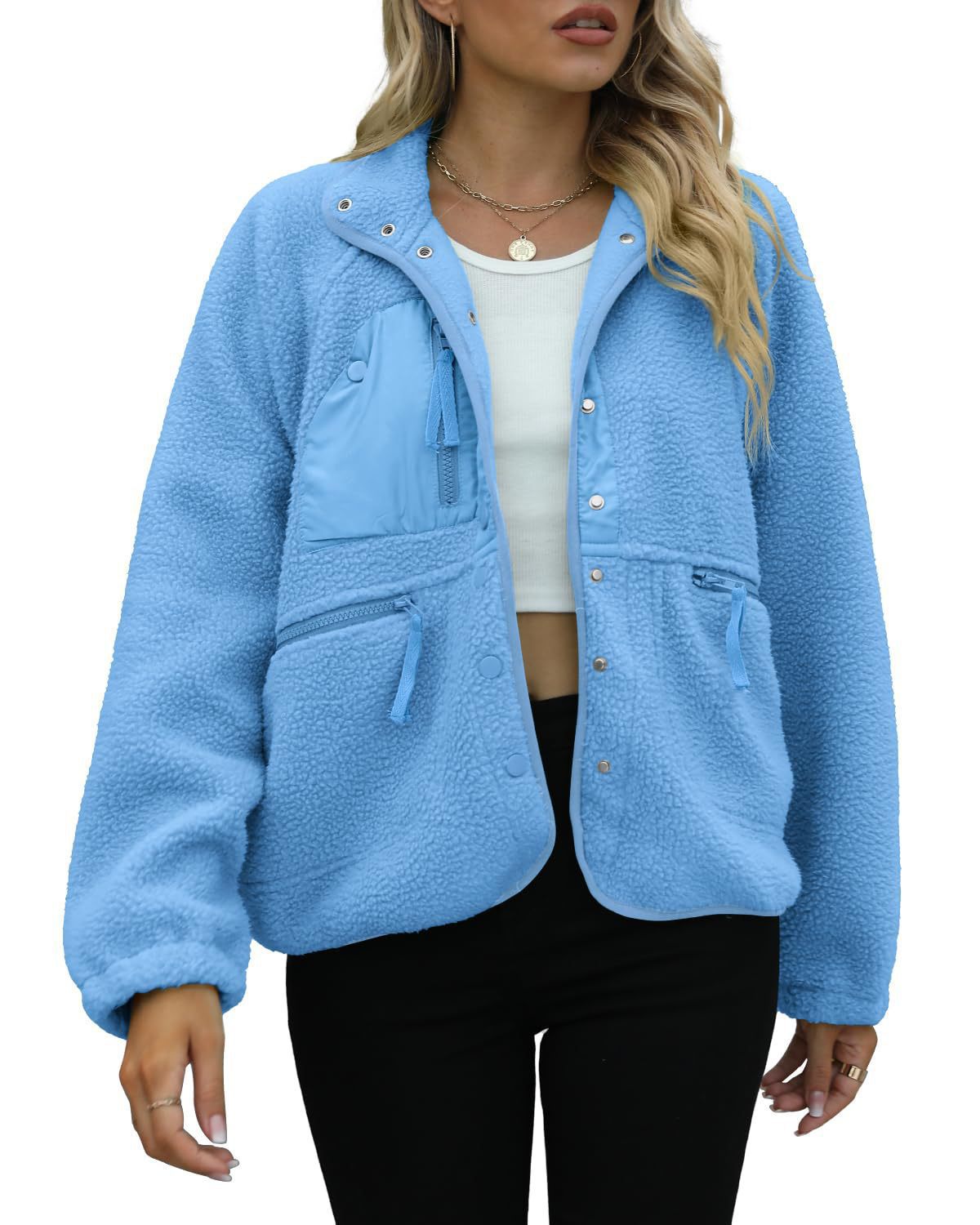 Women's Oversized Sherpa Fleece Jacket Button Front Casual