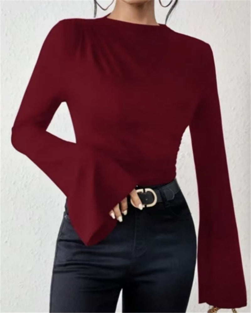 Women's Mock Neck Ruched Bell Sleeve Fitted Top