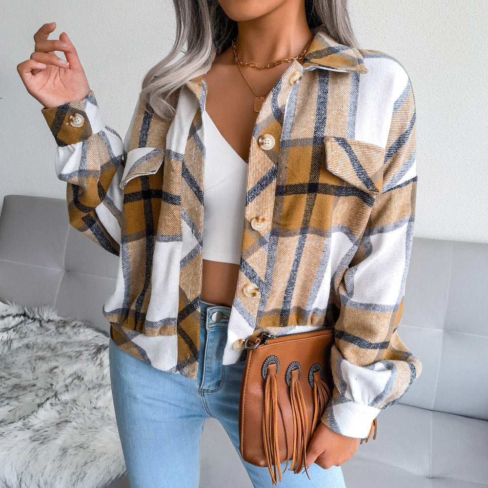 Women's Plaid Lantern Long Sleeve Tweed Jacket