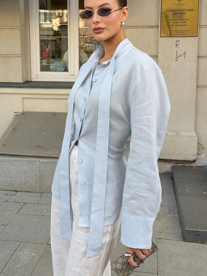 Women's Tie Neck Button Down Shirt Long Sleeve Cotton