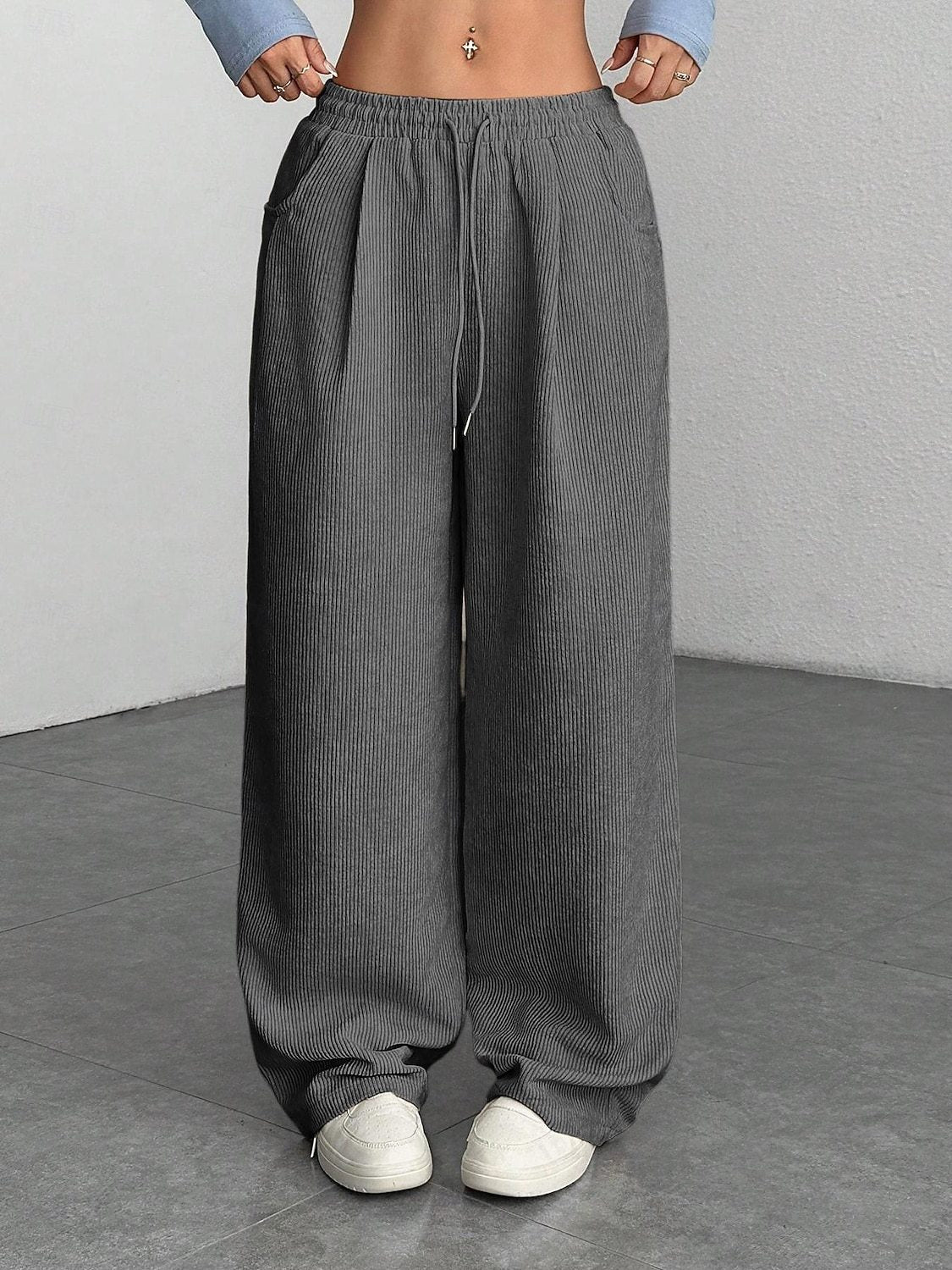 Women's Corduroy Wide Leg Pants Elastic Waist Drawstring