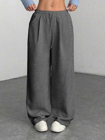Women's Corduroy Wide Leg Pants Elastic Waist Drawstring