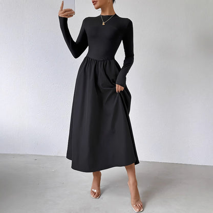 Black Mock Neck Long Sleeve Fit and Flare Maxi Dress