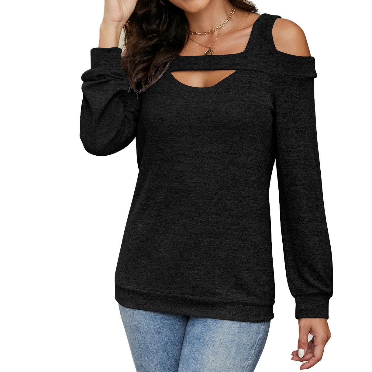 Womens Cold Shoulder Cutout Long Sleeve Loose Tunic Top