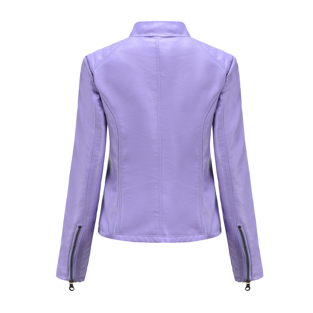 Women's Quilted Faux Leather Moto Jacket Zip Slim Fit