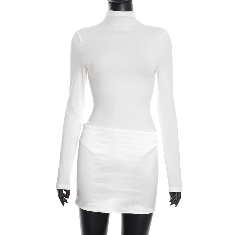 Long Sleeve Crew Neck Bodycon Mini Dress Satin Panel