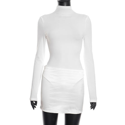 Long Sleeve Crew Neck Bodycon Mini Dress Satin Panel
