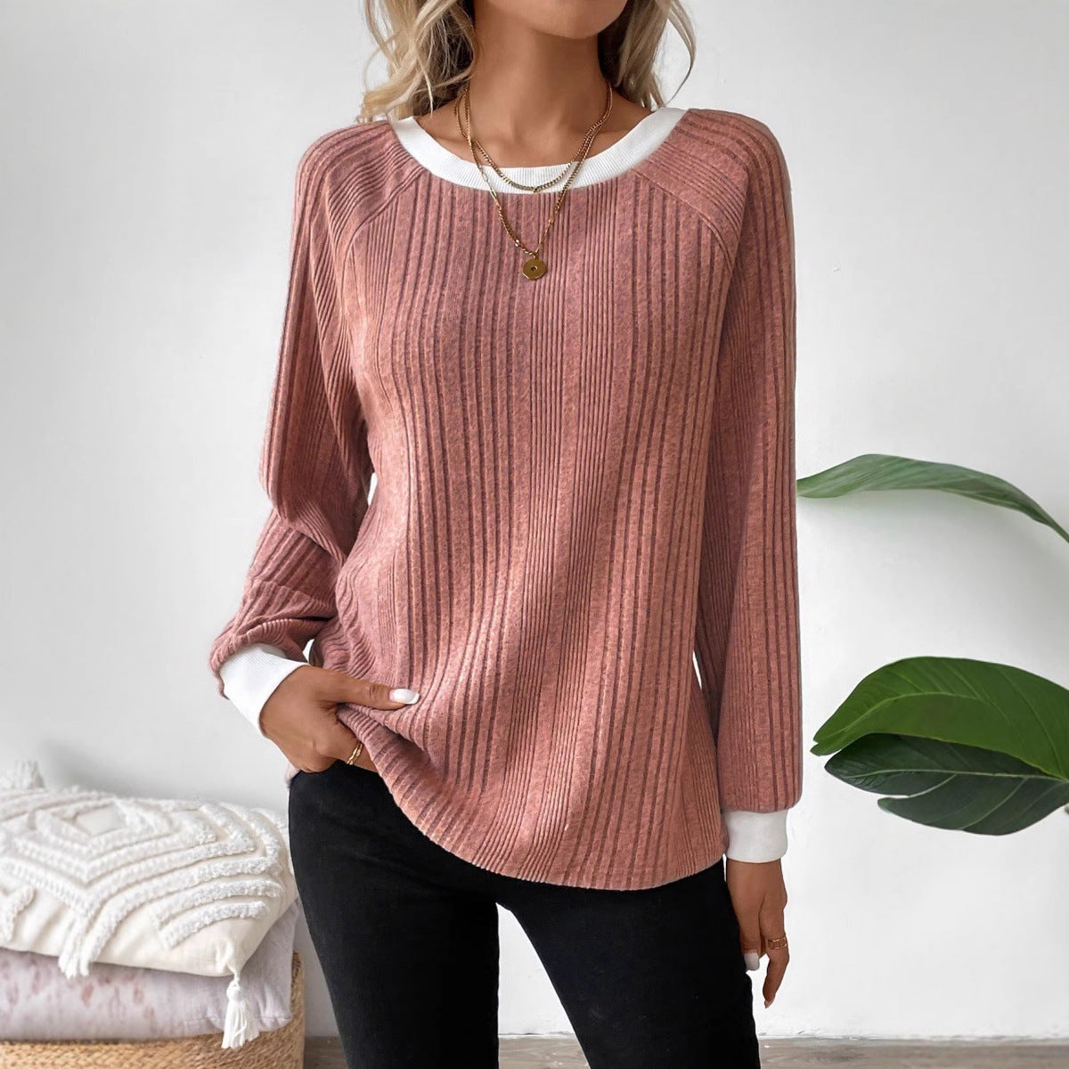 Women's Ribbed Crew Neck Long Sleeve Pullover Sweater