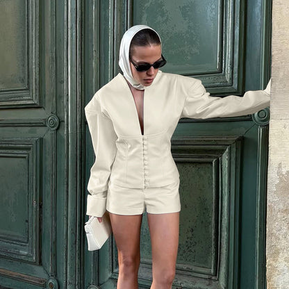 Women's 2 Piece V-Neck Blazer Shorts Set Business Casual