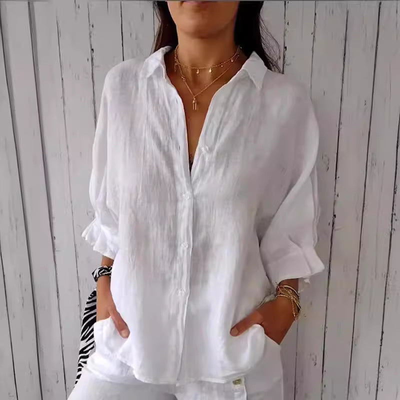 Cotton Linen Tie Back Button Down Shirt Long Sleeve