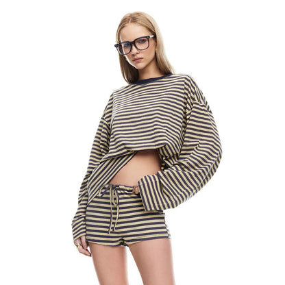 Oversized Striped Long Sleeve Top and Shorts Matching Set