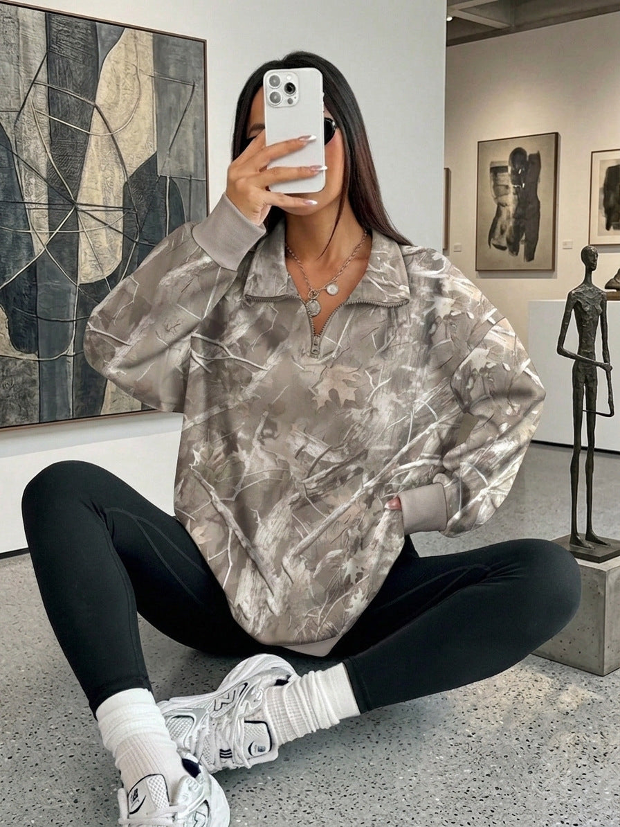 Womens Oversized Half Zip Branch Print Collared Sweatshirt