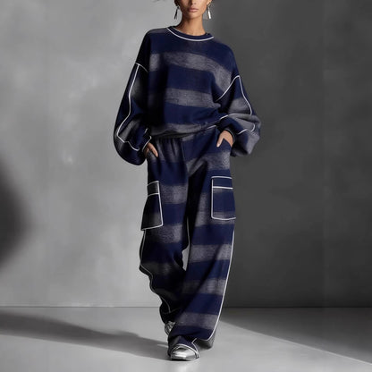 Women's Oversized Plaid Contrast Trim Sweatshirt Pants Set