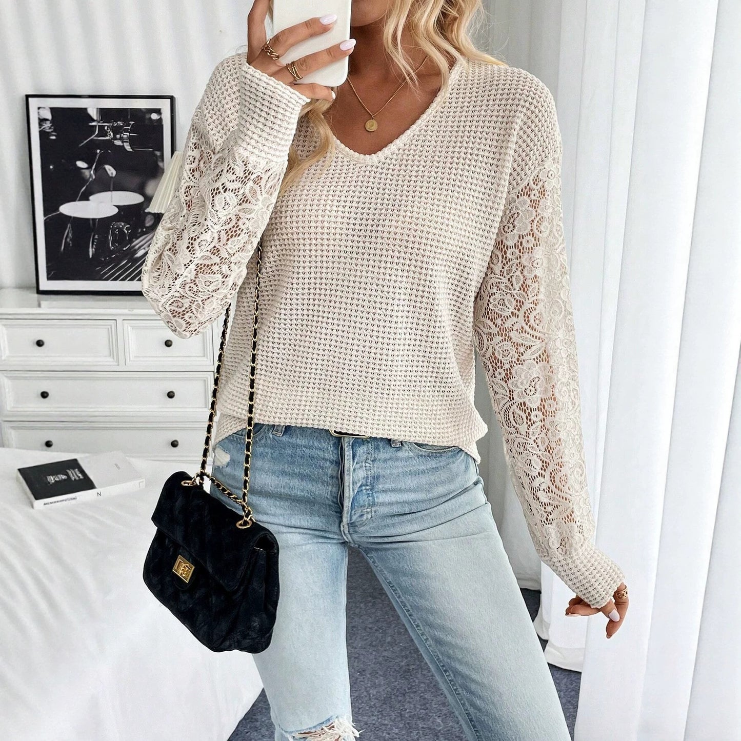 Waffle Knit V Neck Lace Sleeve Pullover Sweater
