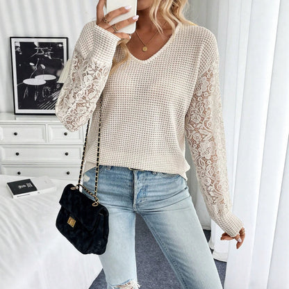 Waffle Knit V Neck Lace Sleeve Pullover Sweater