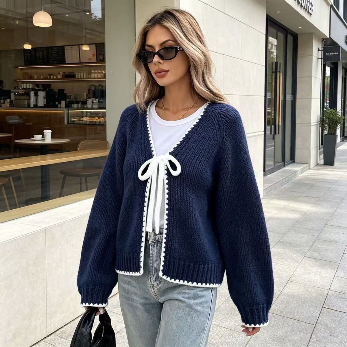Oversized Chunky Knit Tie Front Bow Cardigan Sweater
