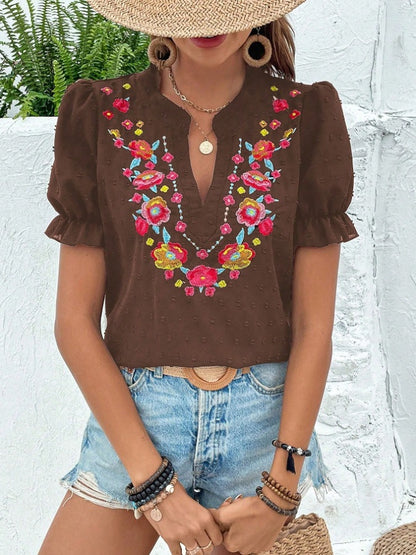 Floral Embroidered Puff Sleeve V Neck Chiffon Blouse
