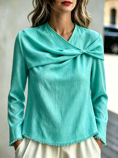 Women's Cotton Linen Cowl Neck Long Sleeve Blouse