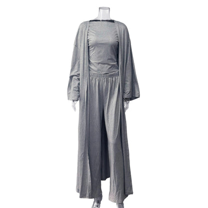 Women's 3 Piece Lounge Set Crop Top Wide Leg Pants Duster
