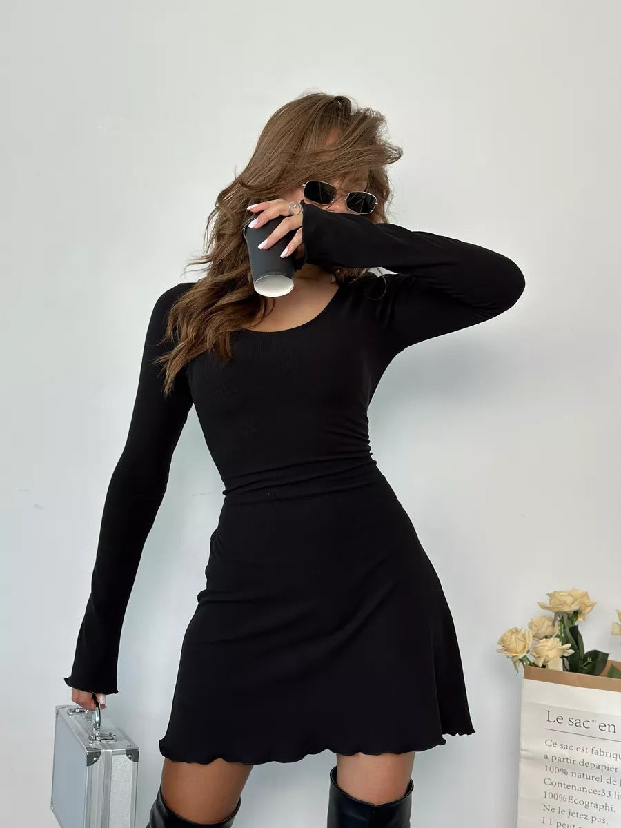 Ribbed Knit Long Sleeve Bodycon Mini Dress with Lettuce Hem