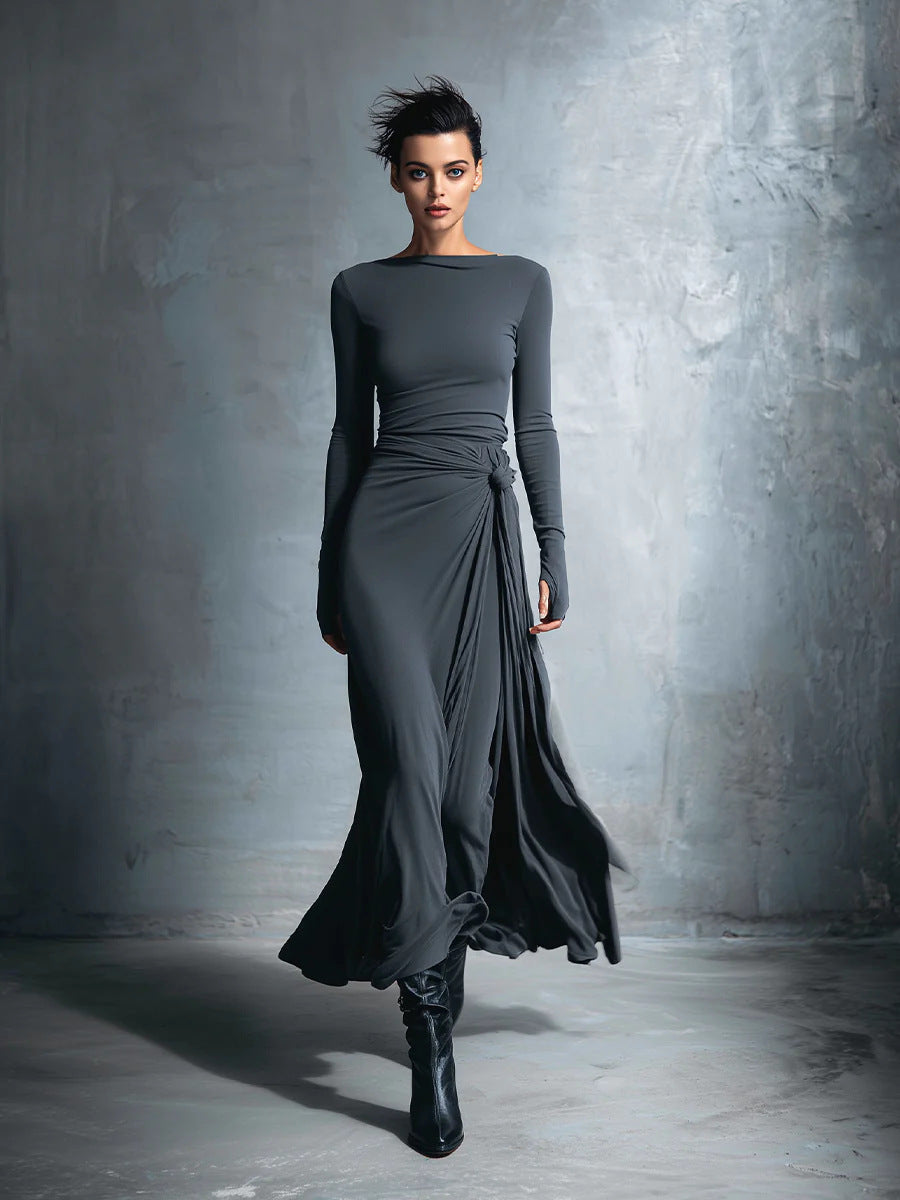 Women's Long Sleeve Knit Twist Front Wrap Maxi Dress