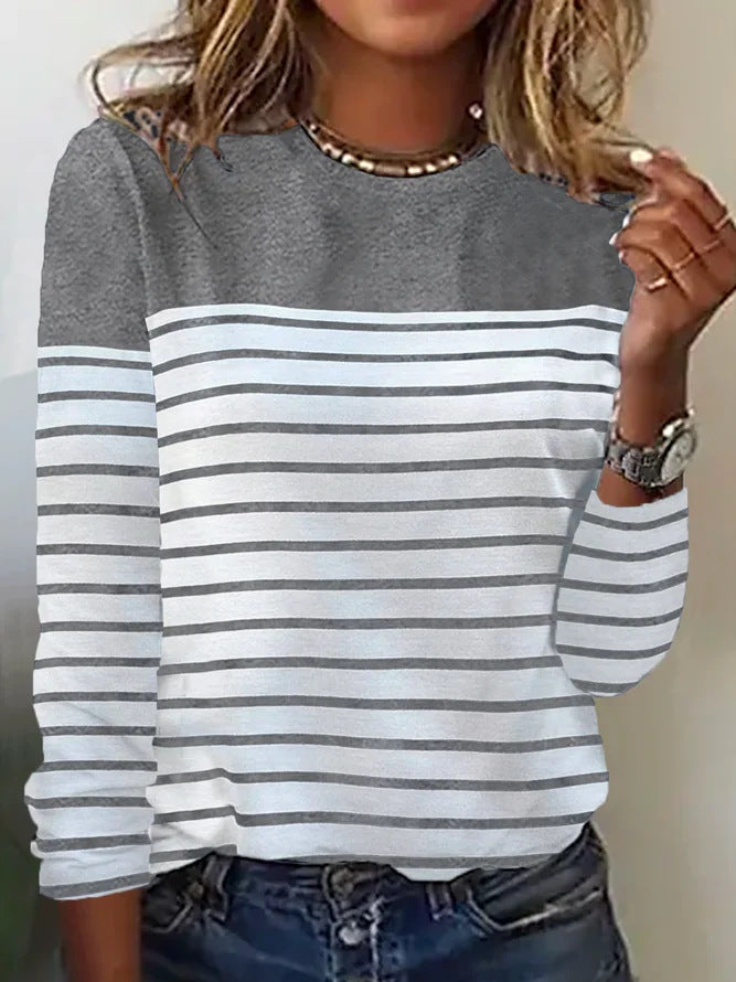 Women's Color Block Striped Long Sleeve Casual T-Shirt