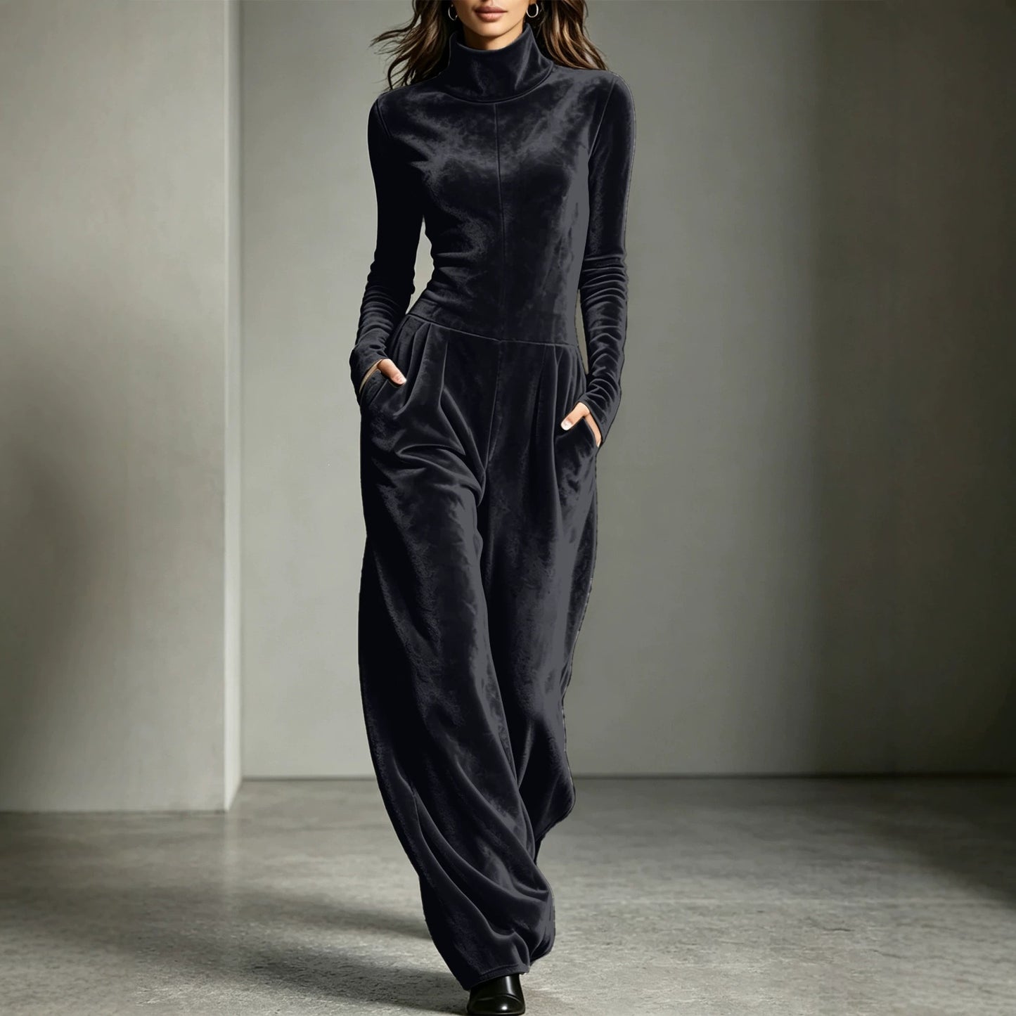 Women's Velvet Turtleneck Jumpsuit Long Sleeve Wide Leg