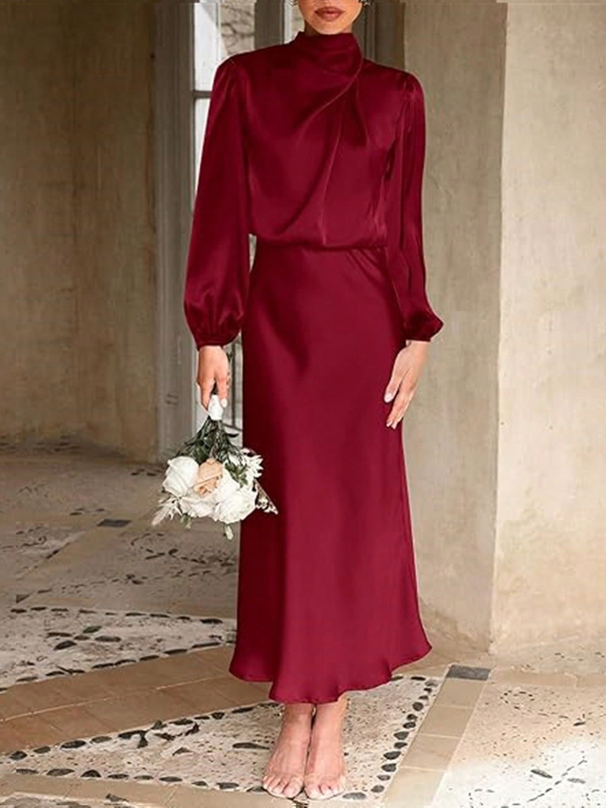 Satin Mock Neck Puff Sleeve Bodycon Midi Dress Cocktail