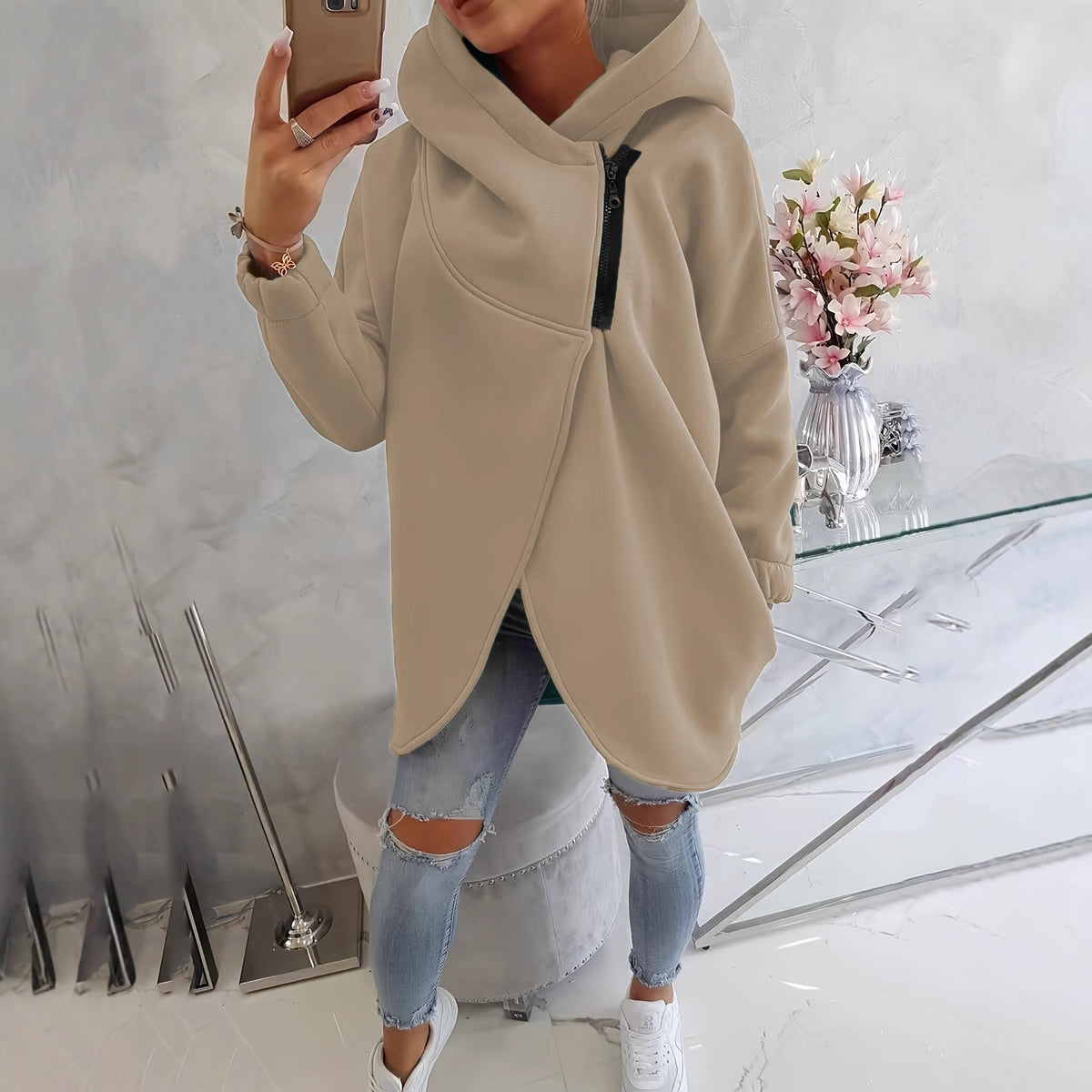 Women's Oversized Fleece Zip Hoodie Sweatshirt