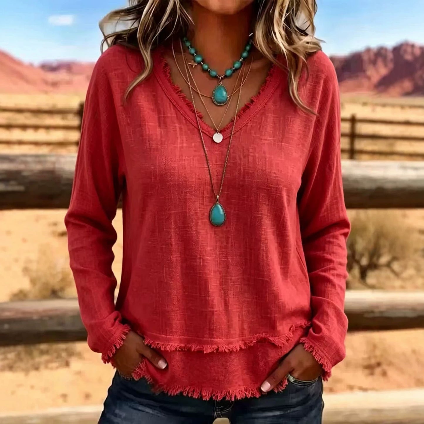 Women's Oversized V Neck Frayed Hem Long Sleeve Top