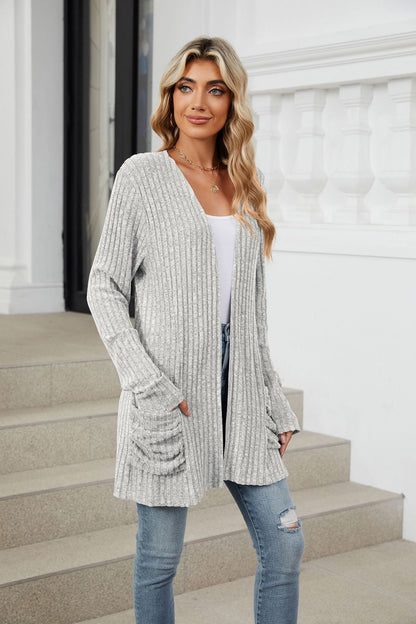 Simple Pocketed Long Sleeve Cardigan Knit Top