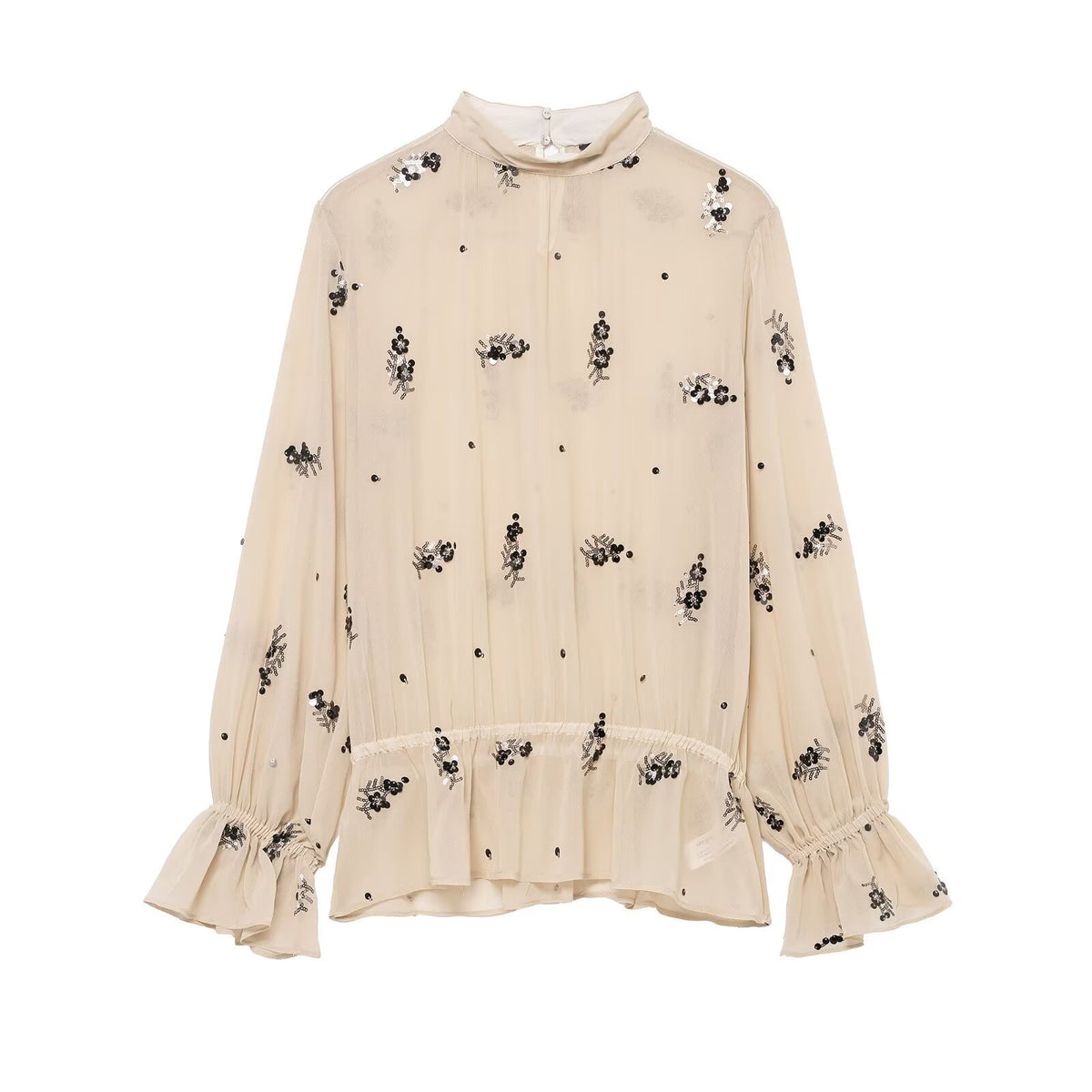 Sheer Sequin Mock Neck Blouse Ruffle Sleeves