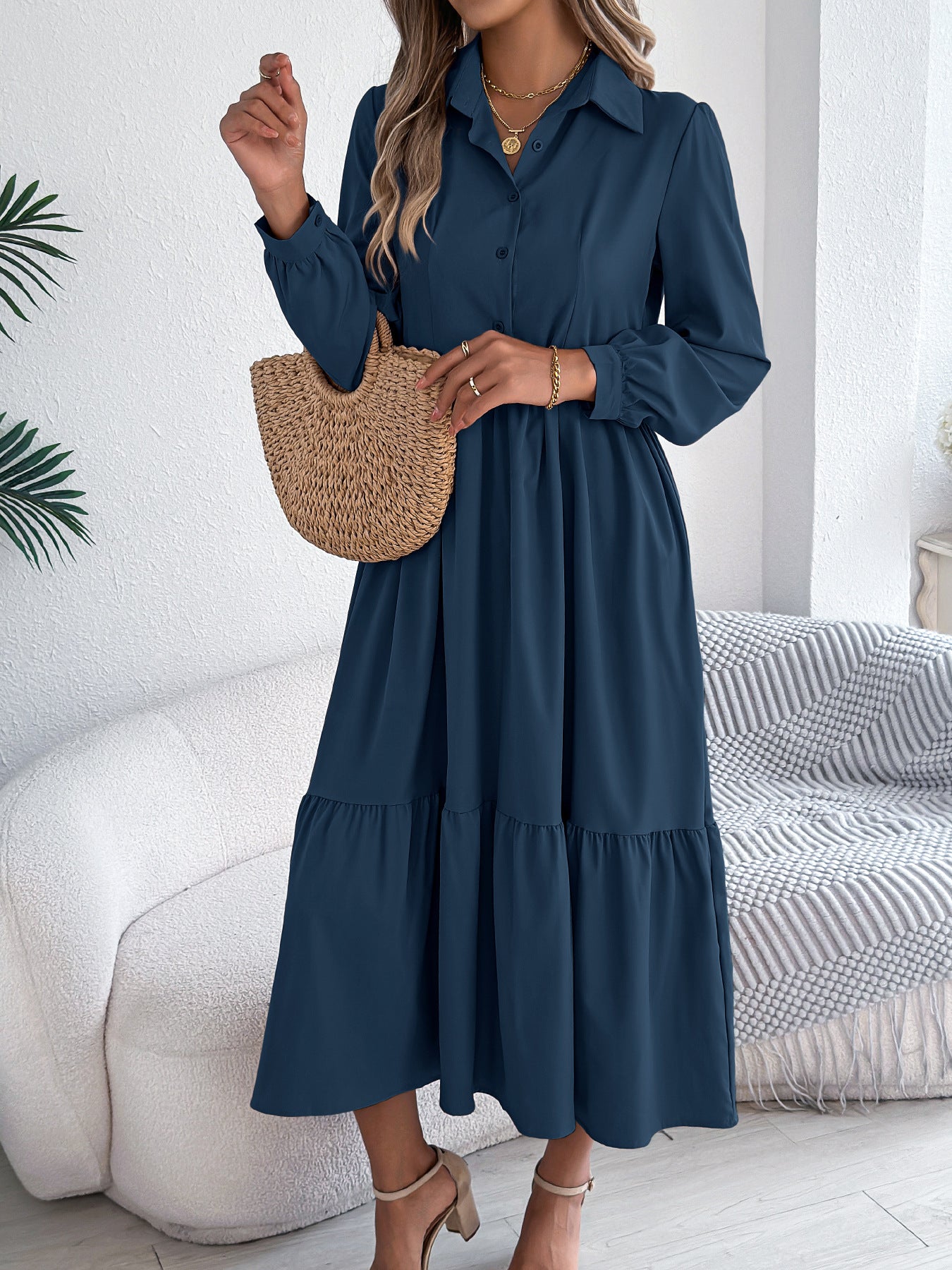 Collared Long Sleeve Tiered Shirt Dress