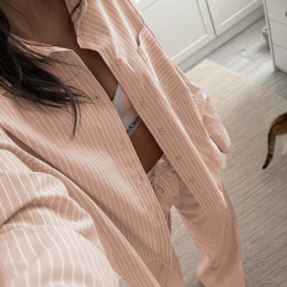 Women's Striped Oversized Shirt and Pants Lounge Set