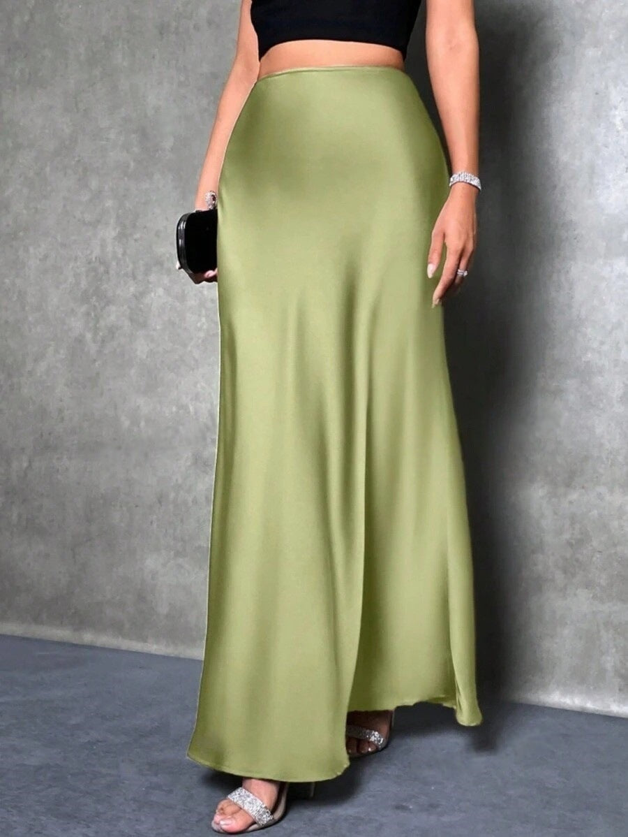 Women's Satin Maxi Skirt High Waist Flowy