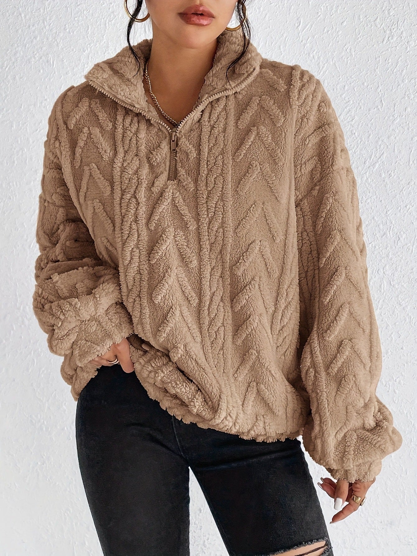 Women's Sherpa Jacquard Quarter Zip Pullover Sweatshirt