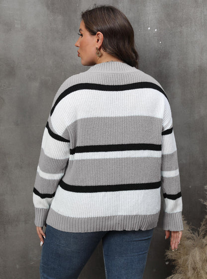 Women's Sweater V-neck Contrasting Color Splicing Loose Pullover Sweater