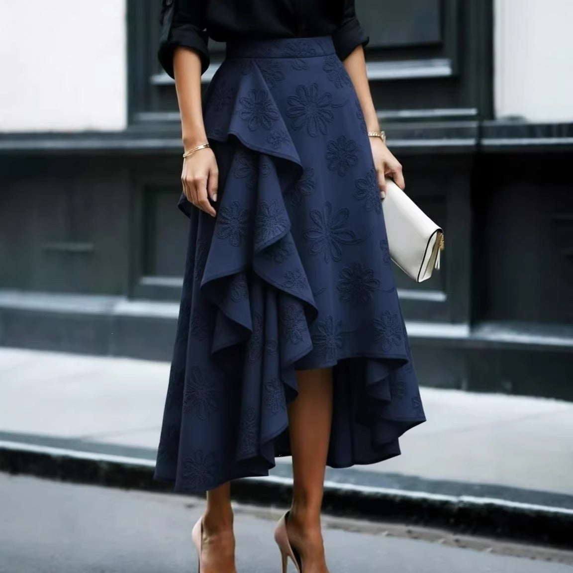 Women's Floral Asymmetrical Ruffle Midi Skirt