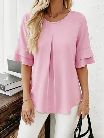Women's Ruffle Sleeve Pleated Blouse Casual Summer Top