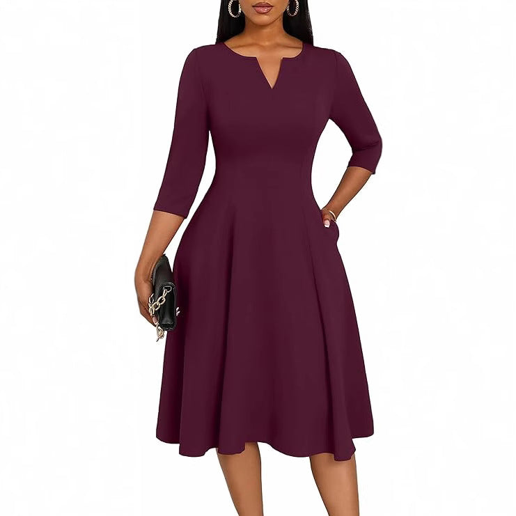 Women's 3/4 Sleeve V-Neck A-Line Midi Dress Wedding Guest
