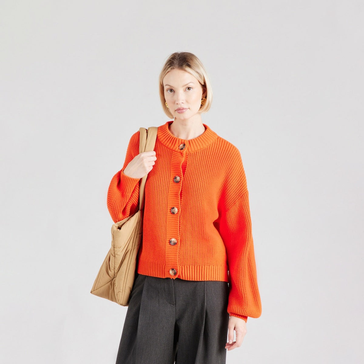Women's Cropped Cardigan Button Front Orange Knit Sweater