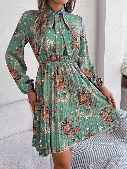 Floral Tie Neck Long Sleeve Pleated Midi Dress