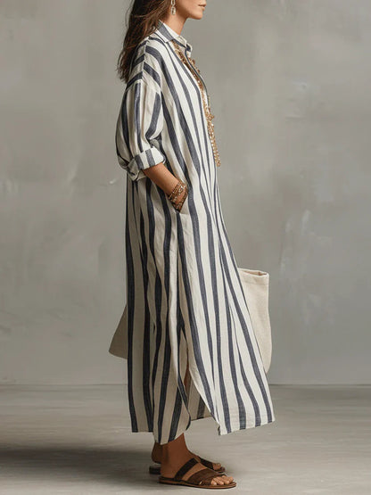 Oversized Striped Maxi Shirt Dress V-Neck 3/4 Sleeve