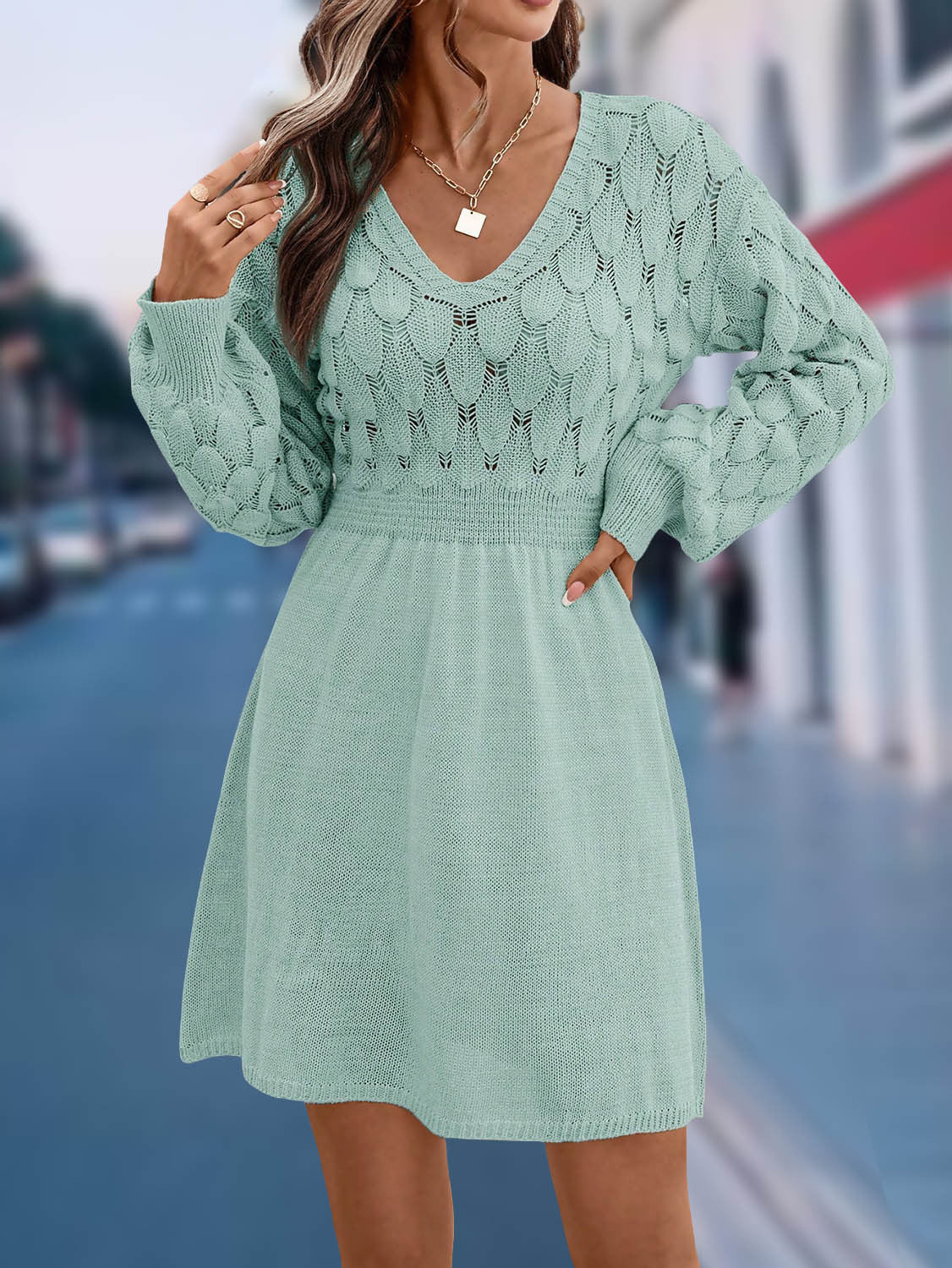 Women's Long Sleeve V Neck Knit Sweater Dress A-Line Mini